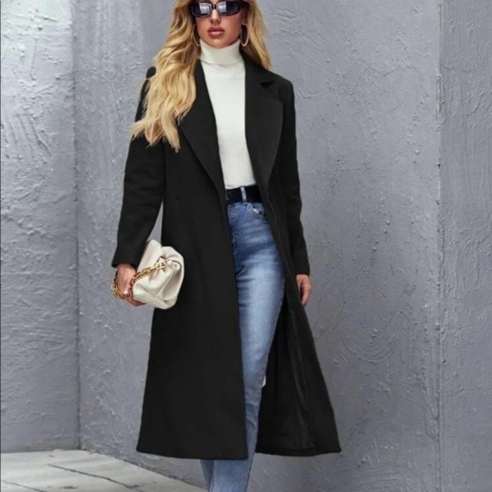 Classic Black wide collar trench Peacoat coat jacket - Picture 2 of 4